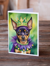 Load image into Gallery viewer, Miniature Pinscher King of Mardi Gras Greeting Cards - Blank Note Cards – 8-Pack of Artist-Designed Cards with Envelopes
