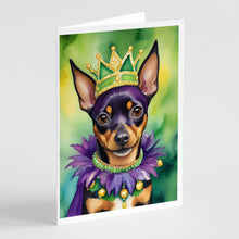 Load image into Gallery viewer, Miniature Pinscher King of Mardi Gras Greeting Cards - Blank Note Cards – 8-Pack of Artist-Designed Cards with Envelopes