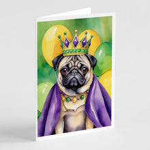 Load image into Gallery viewer, Pug King of Mardi Gras Greeting Cards - Blank Note Cards – 8-Pack of Artist-Designed Cards with Envelopes