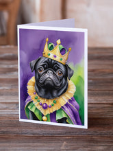 Load image into Gallery viewer, Black Pug King of Mardi Gras Greeting Cards - Blank Note Cards – 8-Pack of Artist-Designed Cards with Envelopes