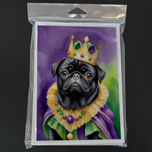 Load image into Gallery viewer, Black Pug King of Mardi Gras Greeting Cards - Blank Note Cards – 8-Pack of Artist-Designed Cards with Envelopes