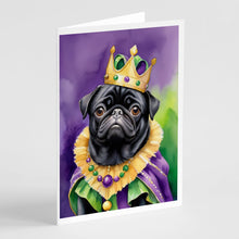 Load image into Gallery viewer, Black Pug King of Mardi Gras Greeting Cards - Blank Note Cards – 8-Pack of Artist-Designed Cards with Envelopes