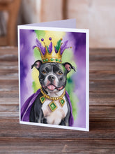 Load image into Gallery viewer, Staffordshire Bull Terrier King of Mardi Gras Greeting Cards - Blank Note Cards – 8-Pack of Artist-Designed Cards with Envelopes