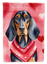 Load image into Gallery viewer, Black and Tan Coonhound Valentine’s Day Garden Flag – Dog-Themed Heart Yard Decor