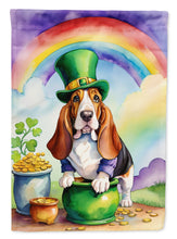 Load image into Gallery viewer, Basset Hound St. Patrick’s Day Garden Flag – Dog with Pot of Gold &amp; Rainbow Yard Decor