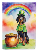 Load image into Gallery viewer, Black and Tan Coonhound St. Patrick’s Day Garden Flag – Dog with Pot of Gold &amp; Rainbow Yard Decor