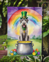 Load image into Gallery viewer, Irish Wolfhound St. Patrick’s Day Garden Flag – Dog with Pot of Gold &amp; Rainbow Yard Decor