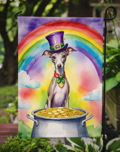 Load image into Gallery viewer, Italian Greyhound St. Patrick’s Day Garden Flag – Dog with Pot of Gold &amp; Rainbow Yard Decor