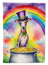 Load image into Gallery viewer, Italian Greyhound St. Patrick’s Day Garden Flag – Dog with Pot of Gold &amp; Rainbow Yard Decor