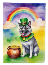 Load image into Gallery viewer, Norwegian Elkhound St. Patrick’s Day Garden Flag – Dog with Pot of Gold &amp; Rainbow Yard Decor