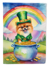 Load image into Gallery viewer, Pomeranian St. Patrick’s Day Garden Flag – Dog with Pot of Gold &amp; Rainbow Yard Decor