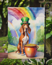 Load image into Gallery viewer, Red Redbone Coonhound St. Patrick’s Day Garden Flag – Dog with Pot of Gold &amp; Rainbow Yard Decor