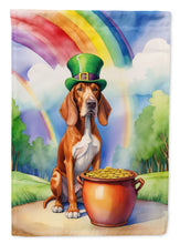Load image into Gallery viewer, Red Redbone Coonhound St. Patrick’s Day Garden Flag – Dog with Pot of Gold &amp; Rainbow Yard Decor
