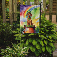 Load image into Gallery viewer, Rhodesian Ridgeback St. Patrick’s Day Garden Flag – Dog with Pot of Gold &amp; Rainbow Yard Decor