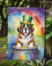 Load image into Gallery viewer, Saint Bernard St. Patrick’s Day Garden Flag – Dog with Pot of Gold &amp; Rainbow Yard Decor