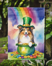 Load image into Gallery viewer, Sheltie St. Patrick’s Day Garden Flag – Dog with Pot of Gold &amp; Rainbow Yard Decor