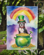 Load image into Gallery viewer, Staffordshire Bull Terrier St. Patrick’s Day Garden Flag – Dog with Pot of Gold &amp; Rainbow Yard Decor