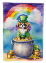Load image into Gallery viewer, Tibetan Spaniel St. Patrick’s Day Garden Flag – Dog with Pot of Gold &amp; Rainbow Yard Decor