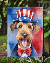Load image into Gallery viewer, Airedale Terrier Patriotic American Garden Flag – Dog in Uncle Sam Hat | Red, White &amp; Blue Outdoor Decor