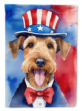 Load image into Gallery viewer, Airedale Terrier Patriotic American Garden Flag – Dog in Uncle Sam Hat | Red, White &amp; Blue Outdoor Decor