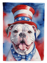 Load image into Gallery viewer, American Bulldog Patriotic American Garden Flag – Dog in Uncle Sam Hat | Red, White &amp; Blue Outdoor Decor