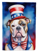 Load image into Gallery viewer, American Bulldog Patriotic American Garden Flag – Dog in Uncle Sam Hat | Red, White &amp; Blue Outdoor Decor