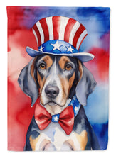 Load image into Gallery viewer, American English Coonhound Patriotic American Garden Flag – Dog in Uncle Sam Hat | Red, White &amp; Blue Outdoor Decor