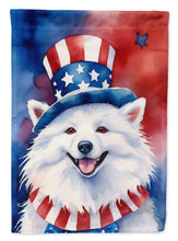 Load image into Gallery viewer, American Eskimo Patriotic American Garden Flag – Dog in Uncle Sam Hat | Red, White &amp; Blue Outdoor Decor