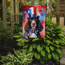 Load image into Gallery viewer, American Water Spaniel Patriotic American Garden Flag – Dog in Uncle Sam Hat | Red, White &amp; Blue Outdoor Decor