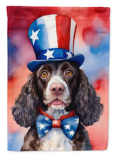 Load image into Gallery viewer, American Water Spaniel Patriotic American Garden Flag – Dog in Uncle Sam Hat | Red, White &amp; Blue Outdoor Decor