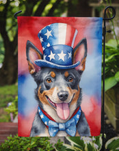 Load image into Gallery viewer, Australian Cattle Dog Patriotic American Garden Flag – Dog in Uncle Sam Hat | Red, White &amp; Blue Outdoor Decor