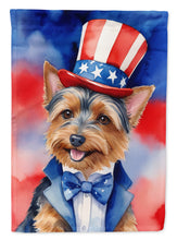 Load image into Gallery viewer, Australian Terrier Patriotic American Garden Flag – Dog in Uncle Sam Hat | Red, White &amp; Blue Outdoor Decor