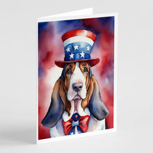 Load image into Gallery viewer, Basset Hound Patriotic American Greeting Cards - Blank Note Cards – 8-Pack of Artist-Designed Cards with Envelopes