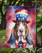 Load image into Gallery viewer, Basset Hound Patriotic American Garden Flag – Dog in Uncle Sam Hat | Red, White &amp; Blue Outdoor Decor