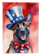Load image into Gallery viewer, Belgian Malinois Patriotic American Garden Flag – Dog in Uncle Sam Hat | Red, White &amp; Blue Outdoor Decor