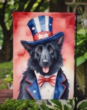 Load image into Gallery viewer, Belgian Sheepdog Patriotic American Garden Flag – Dog in Uncle Sam Hat | Red, White &amp; Blue Outdoor Decor