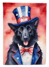 Load image into Gallery viewer, Belgian Sheepdog Patriotic American Garden Flag – Dog in Uncle Sam Hat | Red, White &amp; Blue Outdoor Decor