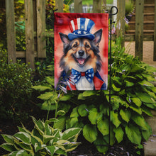 Load image into Gallery viewer, Belgian Tervuren Patriotic American Garden Flag – Dog in Uncle Sam Hat | Red, White &amp; Blue Outdoor Decor