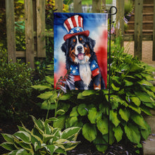 Load image into Gallery viewer, Bernese Mountain Dog Patriotic American Garden Flag – Dog in Uncle Sam Hat | Red, White &amp; Blue Outdoor Decor