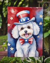 Load image into Gallery viewer, Bichon Frise Patriotic American Garden Flag – Dog in Uncle Sam Hat | Red, White &amp; Blue Outdoor Decor