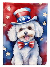 Load image into Gallery viewer, Bichon Frise Patriotic American Garden Flag – Dog in Uncle Sam Hat | Red, White &amp; Blue Outdoor Decor