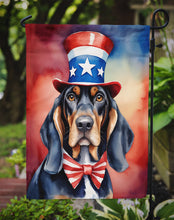 Load image into Gallery viewer, Black and Tan Coonhound Patriotic American Garden Flag – Dog in Uncle Sam Hat | Red, White &amp; Blue Outdoor Decor