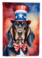 Load image into Gallery viewer, Black and Tan Coonhound Patriotic American Garden Flag – Dog in Uncle Sam Hat | Red, White &amp; Blue Outdoor Decor