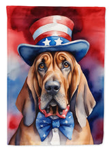 Load image into Gallery viewer, Bloodhound Patriotic American Garden Flag – Dog in Uncle Sam Hat | Red, White &amp; Blue Outdoor Decor