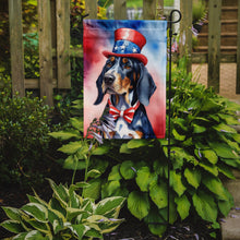 Load image into Gallery viewer, Bluetick Coonhound Patriotic American Garden Flag – Dog in Uncle Sam Hat | Red, White &amp; Blue Outdoor Decor