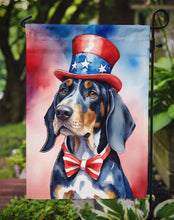 Load image into Gallery viewer, Bluetick Coonhound Patriotic American Garden Flag – Dog in Uncle Sam Hat | Red, White &amp; Blue Outdoor Decor
