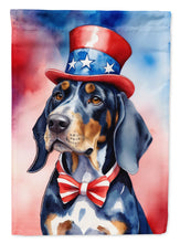 Load image into Gallery viewer, Bluetick Coonhound Patriotic American Garden Flag – Dog in Uncle Sam Hat | Red, White &amp; Blue Outdoor Decor