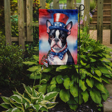 Load image into Gallery viewer, Boston Terrier Patriotic American Garden Flag – Dog in Uncle Sam Hat | Red, White &amp; Blue Outdoor Decor