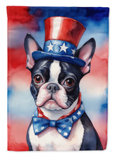 Load image into Gallery viewer, Boston Terrier Patriotic American Garden Flag – Dog in Uncle Sam Hat | Red, White &amp; Blue Outdoor Decor