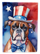 Load image into Gallery viewer, Boxer Patriotic American Garden Flag – Dog in Uncle Sam Hat | Red, White &amp; Blue Outdoor Decor
